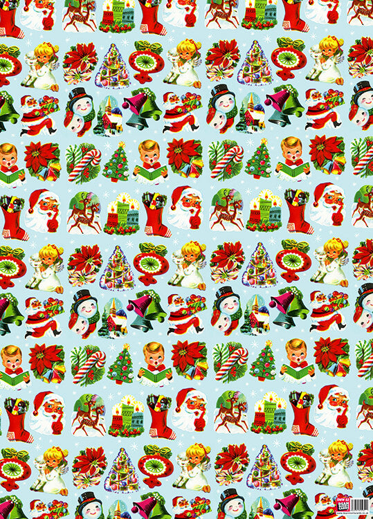 Christmas wrapping paper featuring a repeated pattern of vintage Christmas images including snowmen, trees, choir boys and angels