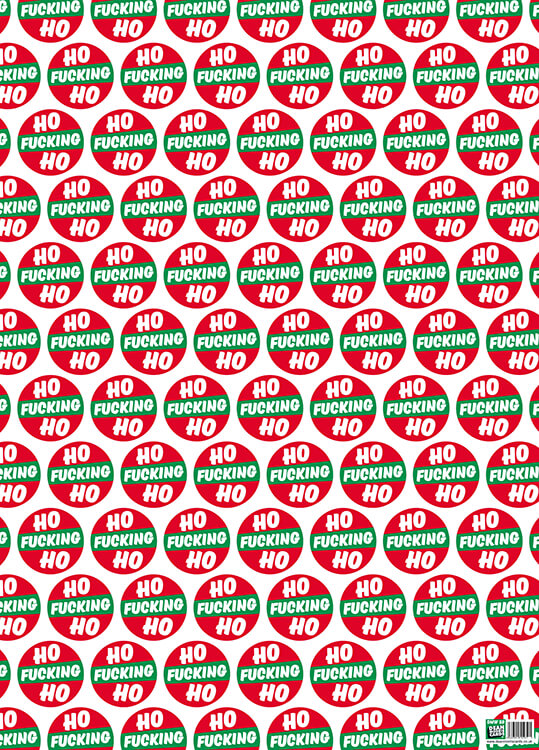 A Christmas wrapping paper with the repeated patter of Ho Fucking Ho in green and red circles repeated