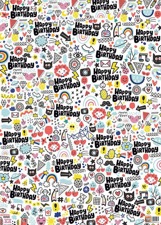 A Birthday wrapping paper with Happy Birthday written in a simple font placed randomly over the wrapping paper and surrounded but lots of multicoloured random doodles