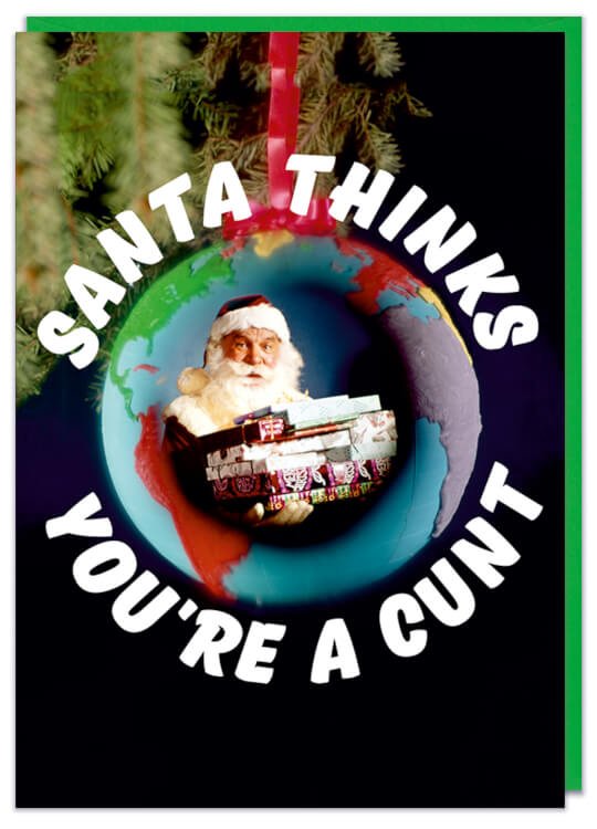 A Christmas card with a retro picture of Father Christmas superimposed onto a festive bauble