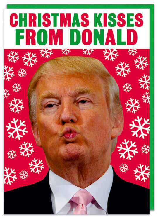 A Christmas card with a photo of Donald Trump pouting in front of a red background with a snowflake pattern