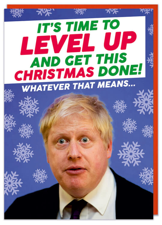 A Christmas card with a photo of Boris Johnson looking confused against a blue background