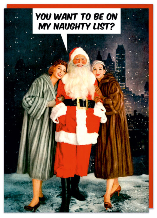 A Christmas card with a 1950s illustration of Father Christmas being hugged by two women