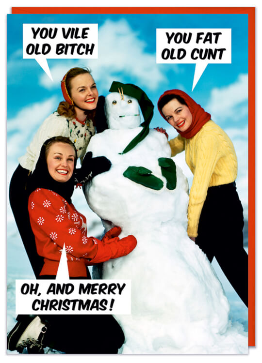 A Christmas card with a 1950s picture of three smiling women building a snowman