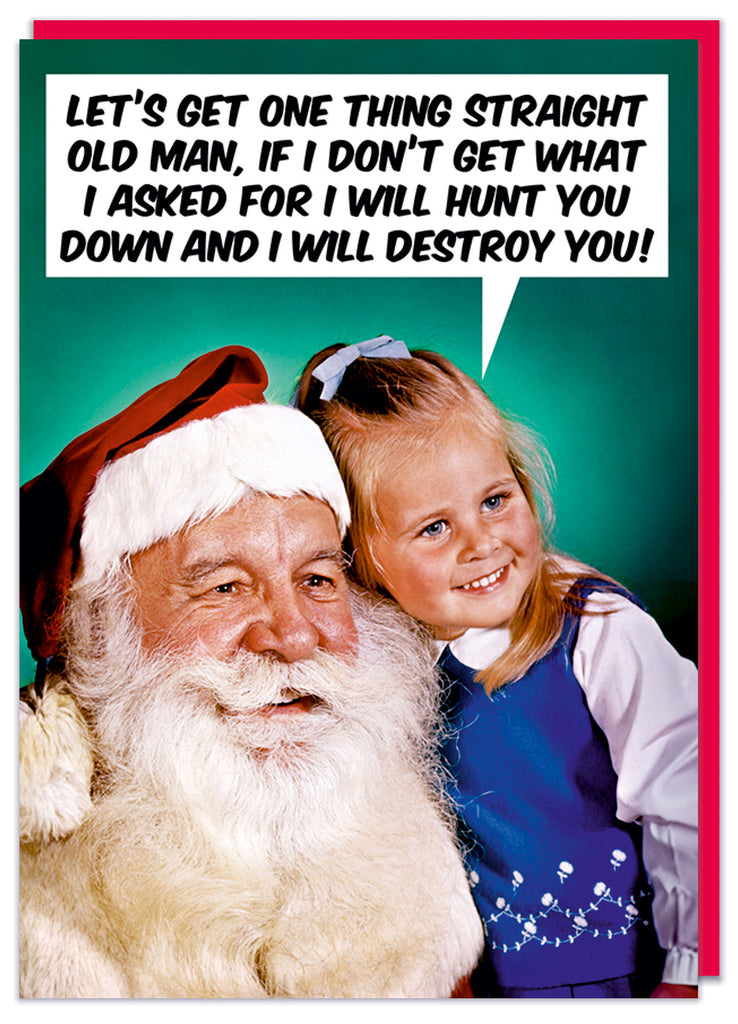 A Christmas card with a 1960s picture of a smiling young girl and Father Christmas looking into the middle distance