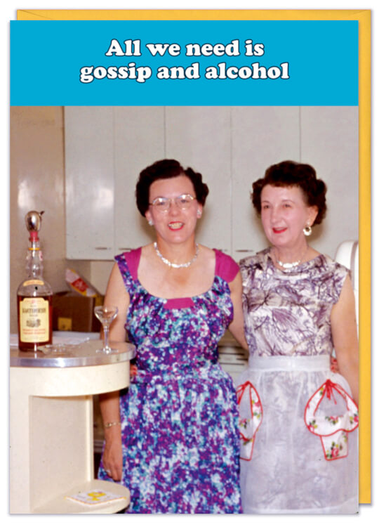 A greetings card with a retro style colour photo of two middle aged women in the kitchen with an apron on