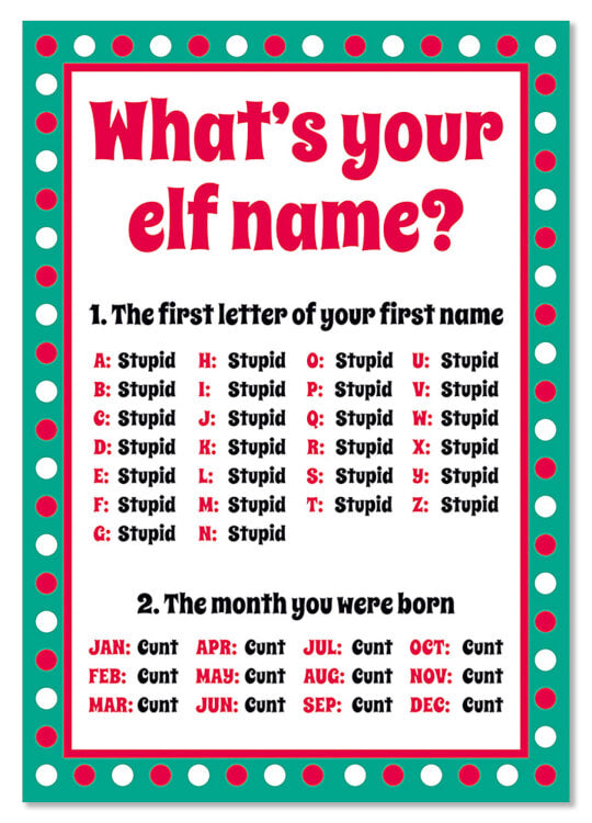 A Christmas postcard asking what your elf name is
