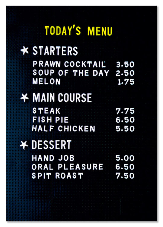 A funny postcard featuring a black menu board with the title in yellow pin on letters reading Today's menu