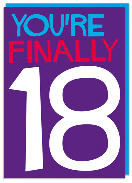 A dark purple birthday card with the words You’re finally 18