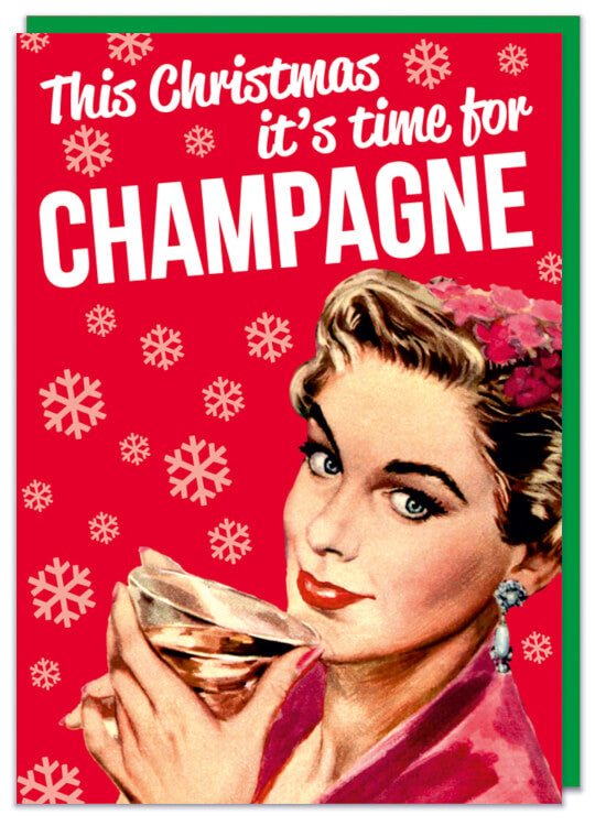 A Christmas card with a 1950s illustration of a glamorous woman drinking from a cocktail glass