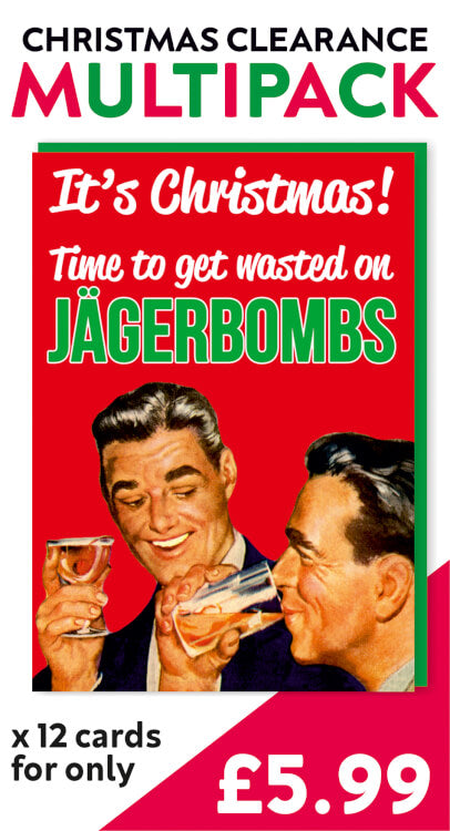 A multipack of 12 x Time to get wasted on Jagerbombs Christmas Cards