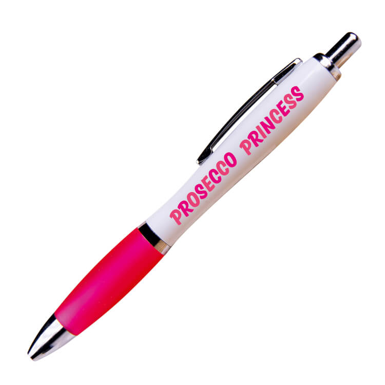 A white ballpoint pen with a pink grip and black ink.  Pink text on one side reads Prosecco princess