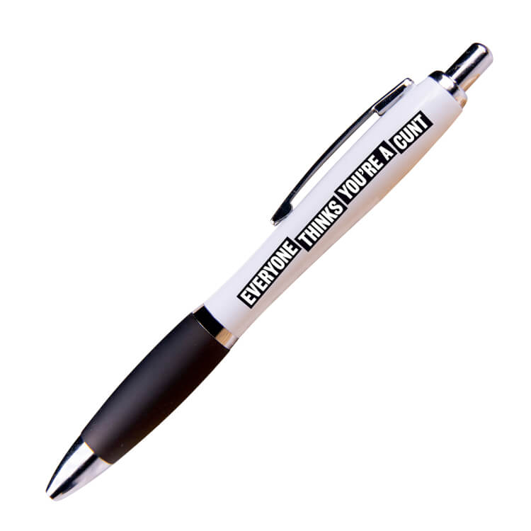 A white ballpoint pen with a black grip and black ink