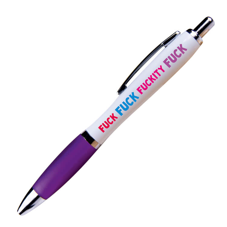 A white ballpoint pen with a purple grip and black ink.  Pink and blue  and purple text on one side reads Fuck fuck fuckity fuck