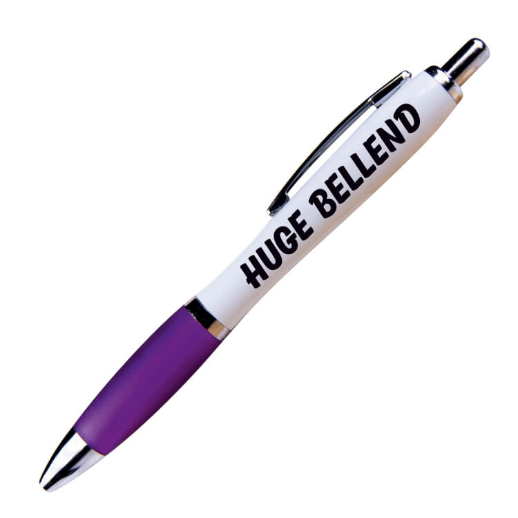 A white ballpoint pen with a purple grip and black ink.  black text on one side reads Huge Bellend