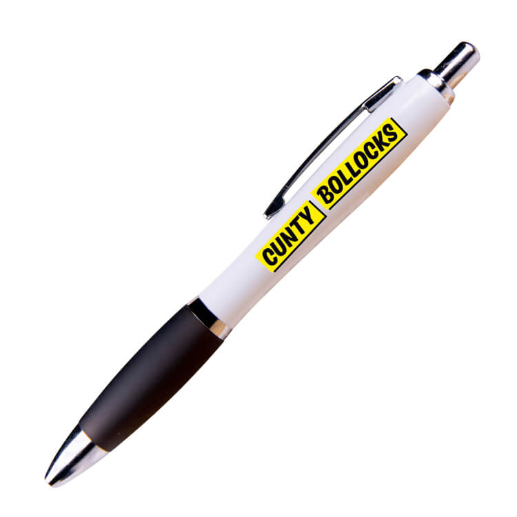 A white ballpoint pen with a black grip. Black text reads Cunty bollocks