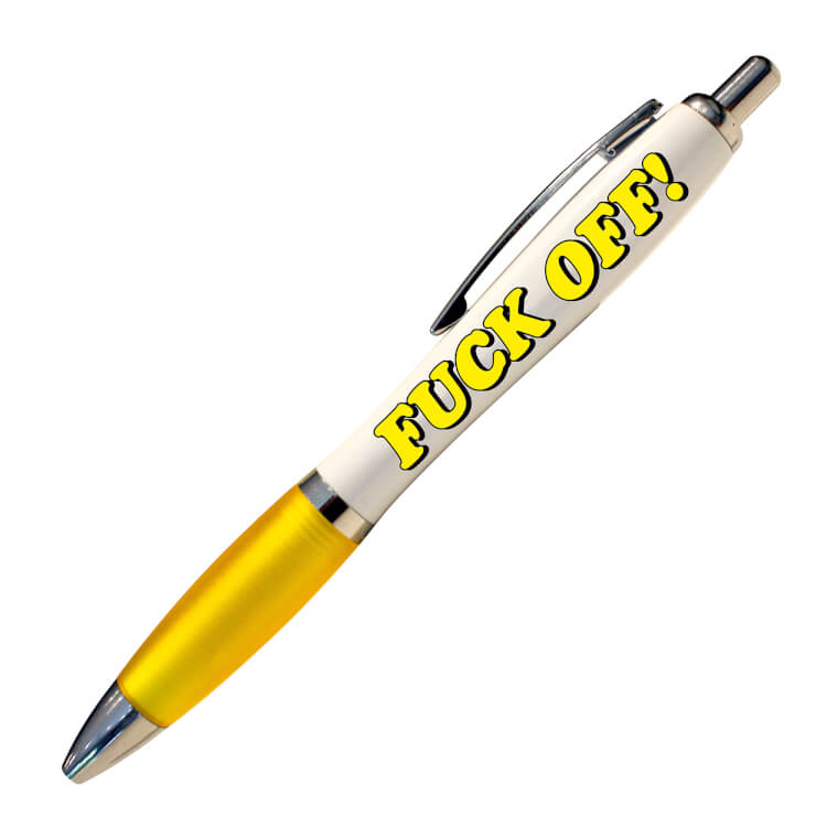 A white ballpoint pen with a yellow grip and black ink. Text on one side reads Fuck off