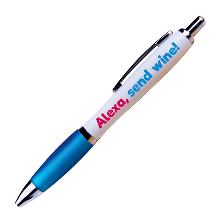 A white ballpoint pen with a blue grip and black ink. Text on one side reads Alexa, send wine!
