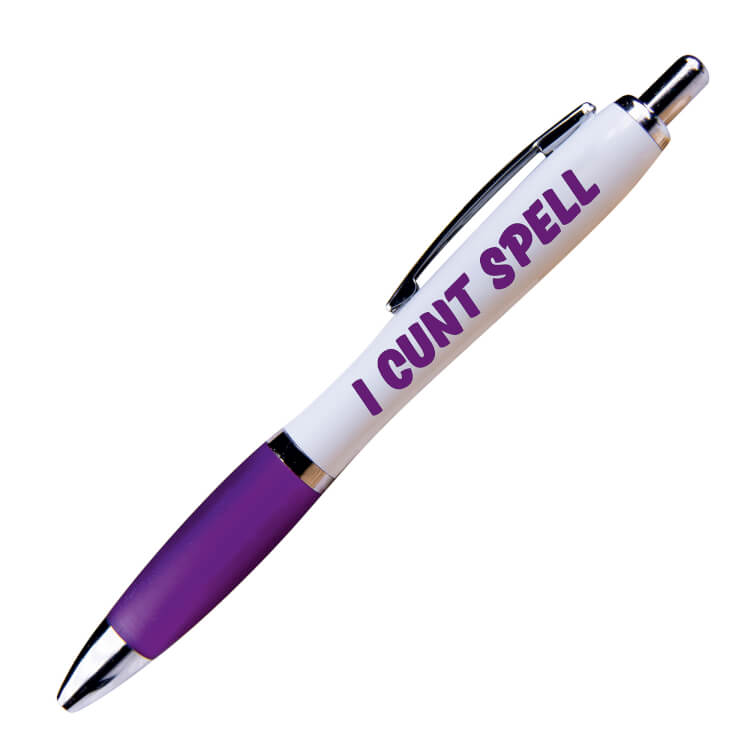 A white ballpoint pen with a purple grip and black ink. Purple text on one side reads I cunt spell