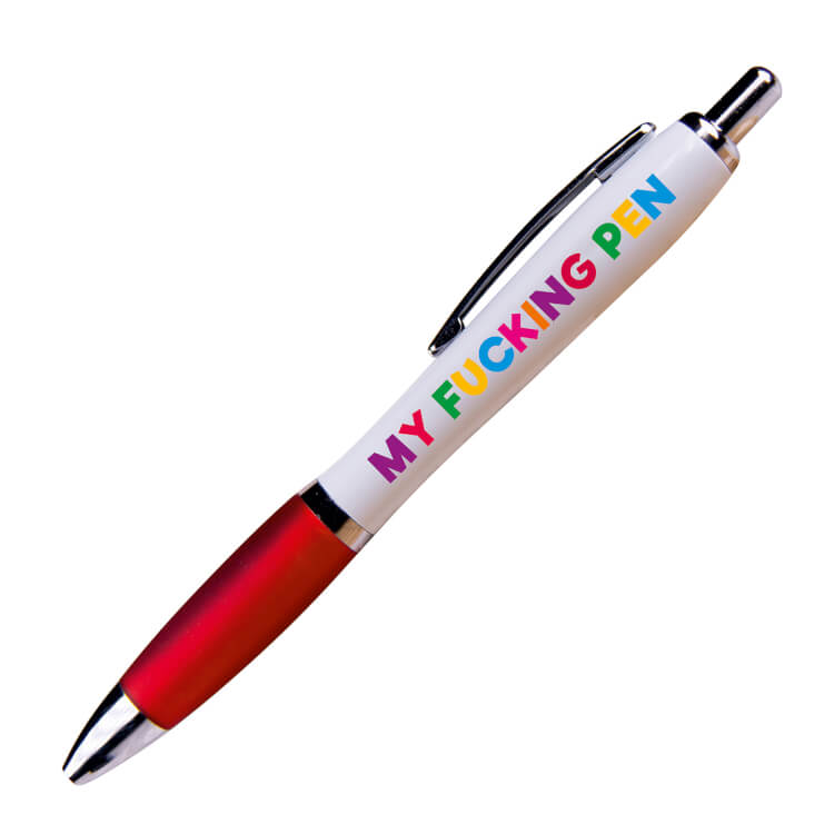 A white ballpoint pen with a red grip and black ink.  Rainbow text on one side reads My fucking pen