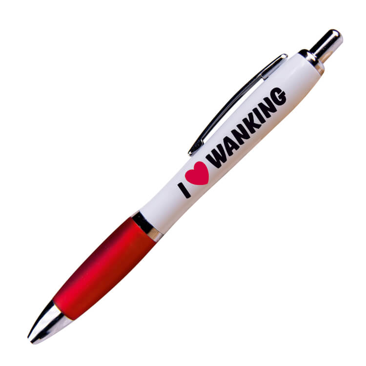A white ballpoint pen with a red grip and black ink.  Black text on one side reads I love wanking