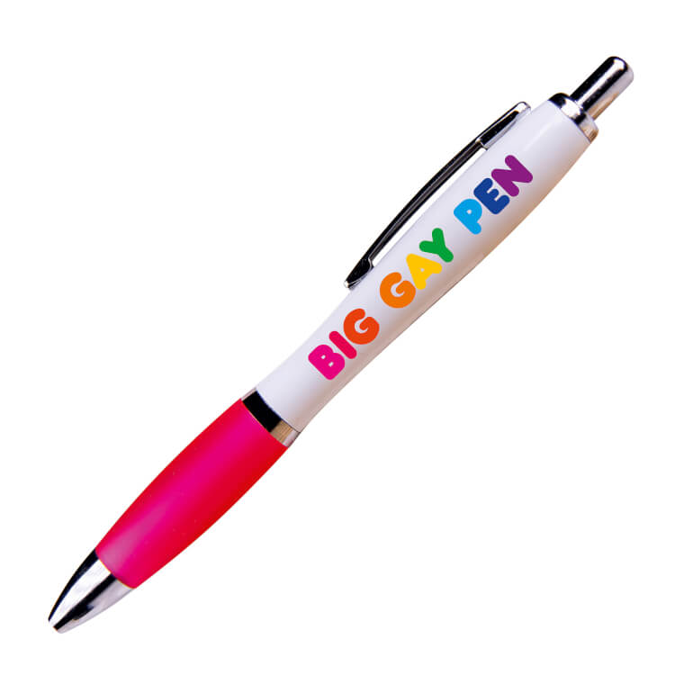 A white ballpoint pen with a pink grip and black ink.  Rainbow text on one side reads Big Gay Pen