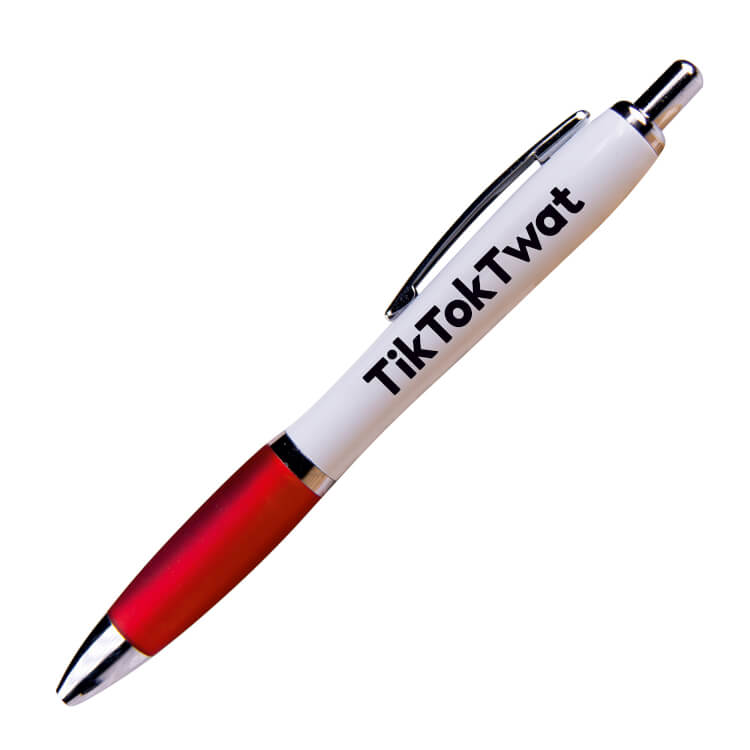 A white ballpoint pen with a red grip and black ink.  Black text on one side reads TikTok Twat