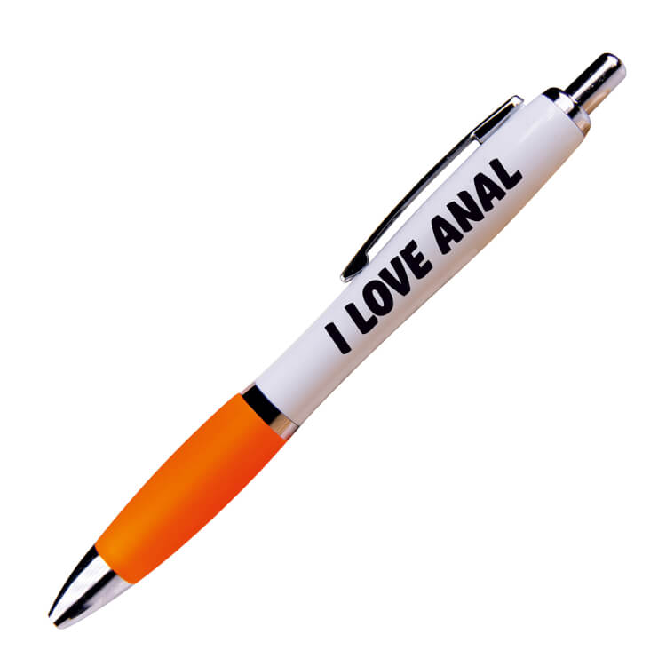 A white ballpoint pen with a orange grip and black ink. Rounded bold black text reads I love anal