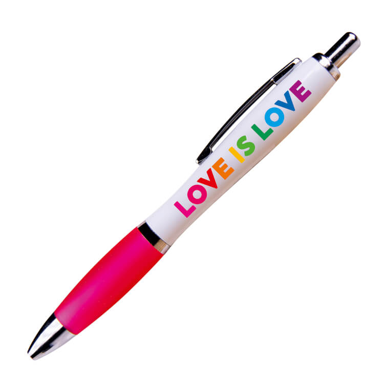 A white ballpoint pen with a pink grip and black ink. Rainbow coloured text reads Love is love