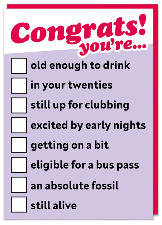 A light purple birthday card with bold red text at the top that reads Congrats! You're.  Below are tick boxes next to the following stages of life