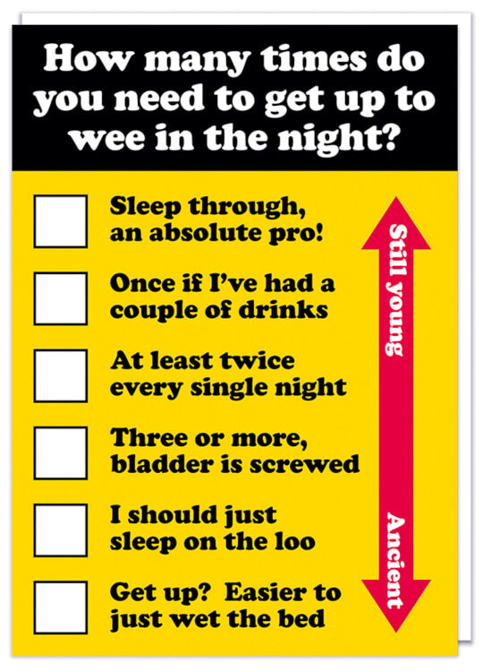 A funny birthday card with white text in a black box at the top that reads How many times do you have to get up to wee in the night? Below against a yellow background are tick boxes which are detailed