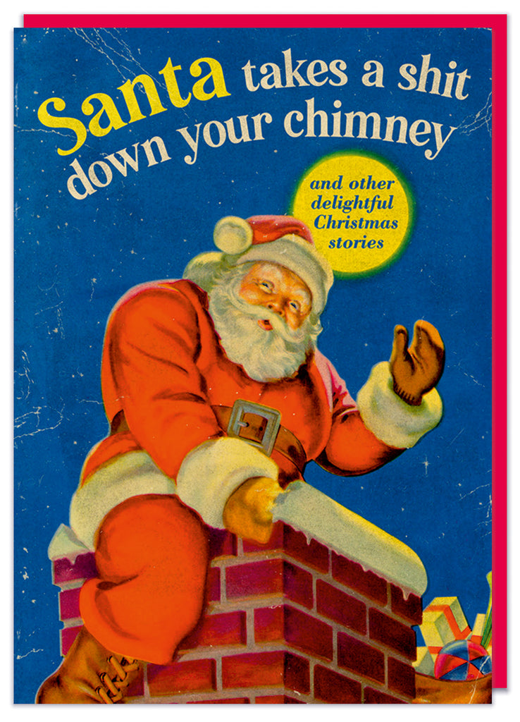 A Christmas card designed to look like a vintage paperback featuring an illustration of Father Christmas sitting atop a chimney