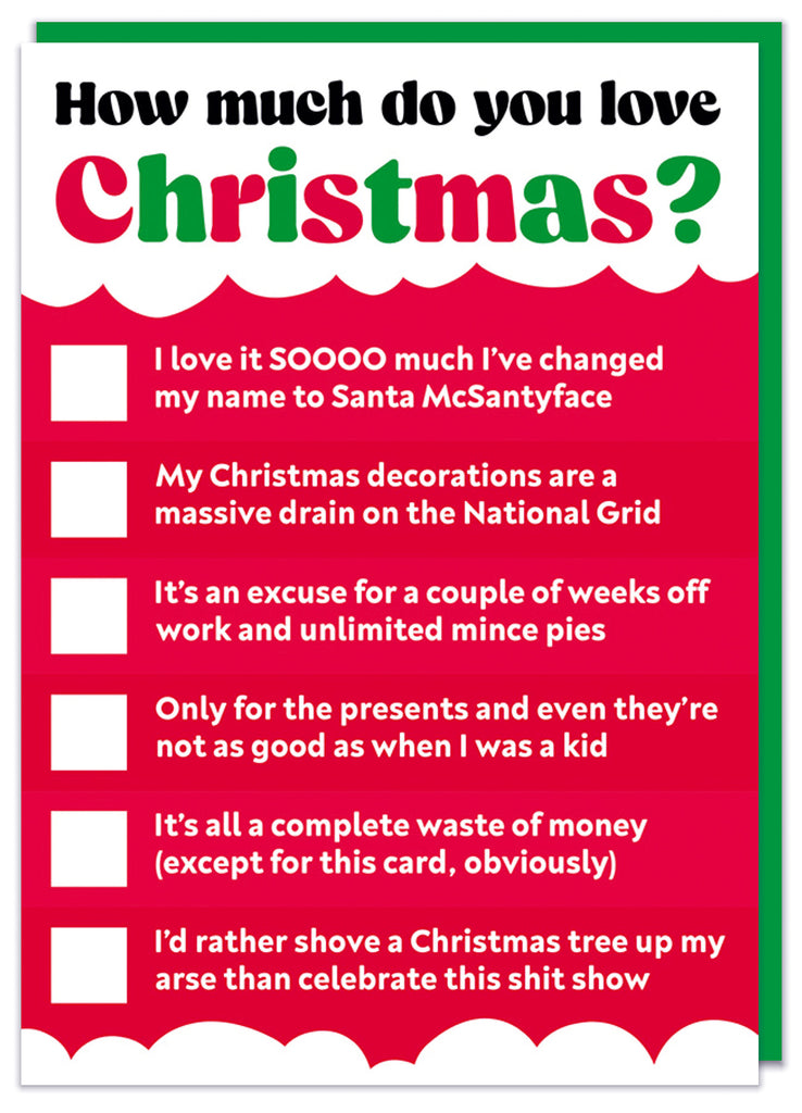 A Christmas card titled How much do you love Christmas? with the answers next to tick boxes below