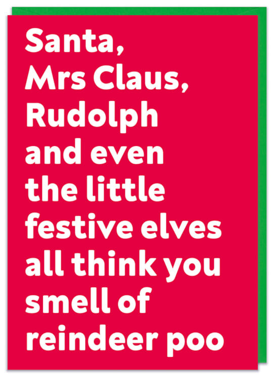 A simple red Christmas card with lower case white text aligned to one side