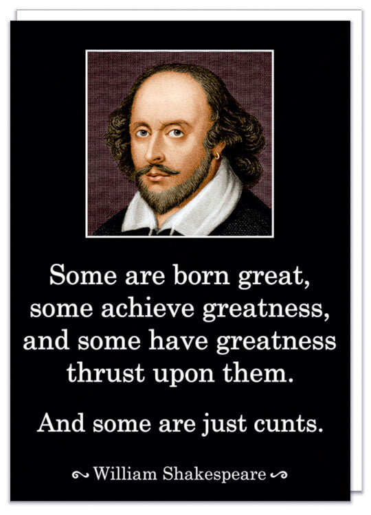 A black Birthday card with a picture of William Shakespeare with a white border at the top