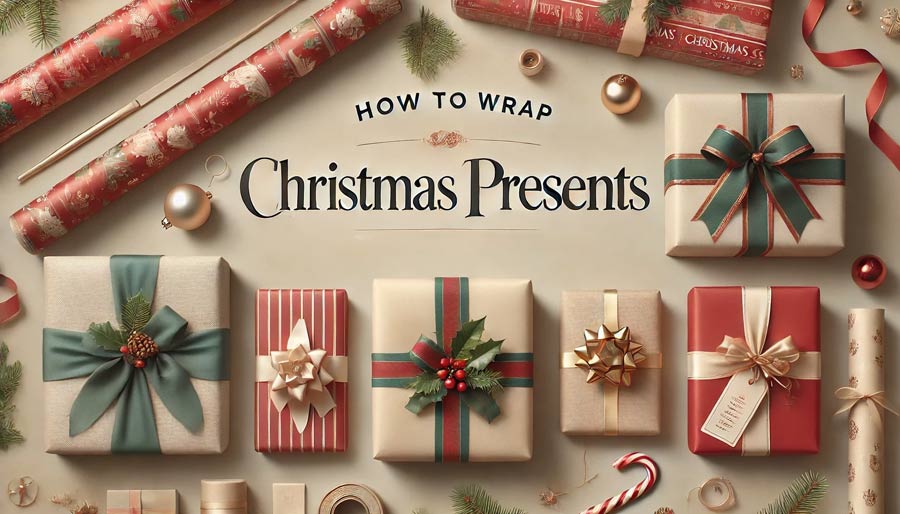How to wrap Christmas presents like a pro, showing wrapped presents and bows, paper, etc.