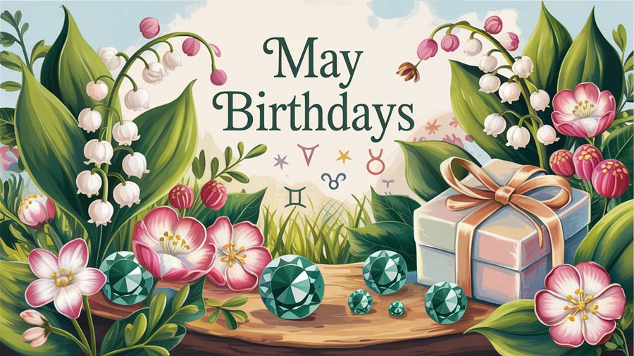 May birthday zodiac signs and symbols including the birthstone emerald and birth month flowers lily of the valley and the hawthorn