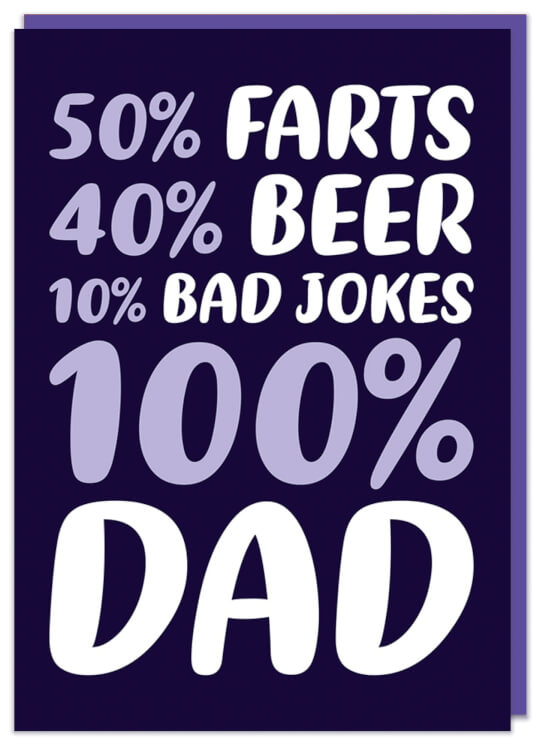 A dark blue Father's Day card with rounded white and pastel purple text that reads 50% farts, 40% beer, 10% bad jokes 100% Dad