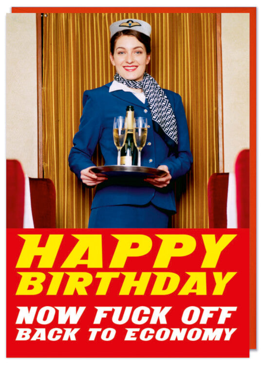 A birthday card with a smiling cabin crew holding a tray of champagne