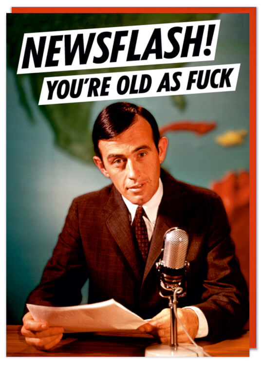 A greeting card with a 1960s picture of a news reader at in the studio at a desk