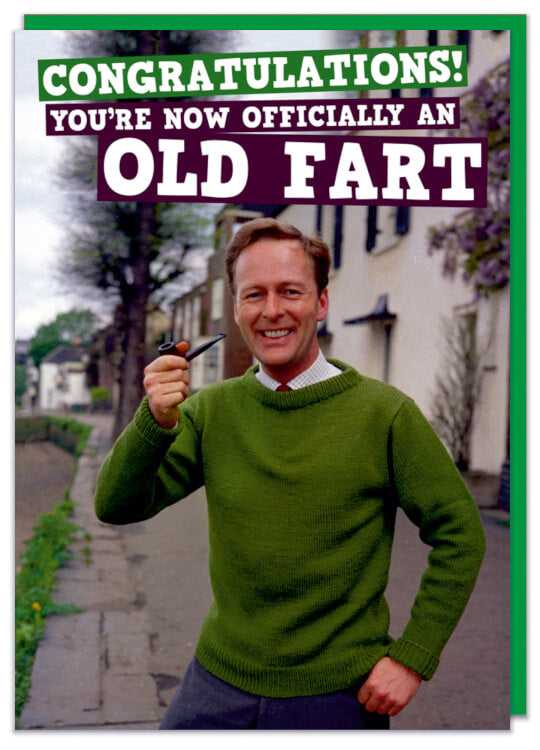 A birthday card with a 1960s picture of a smiling old man smoking a pipe