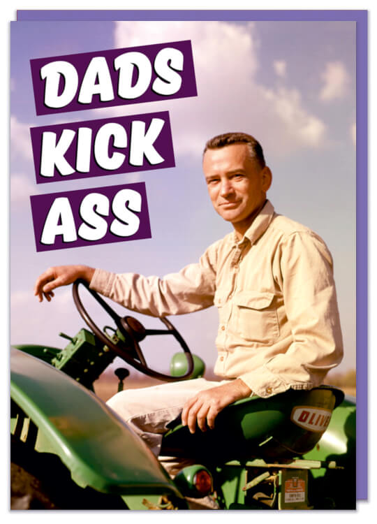 A Fathers Day card with a retro picture of a man on a tractor