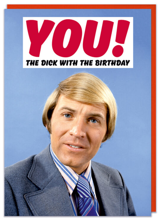 A birthday card with a retro picture of an intensely looking businessman in a smart suit and tie