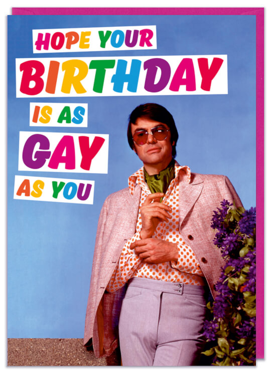 Abirthday card with a photo of a 1960s camply dressed man
