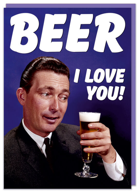A greeting card with a 1960s picture of a man looking at a pint of beer