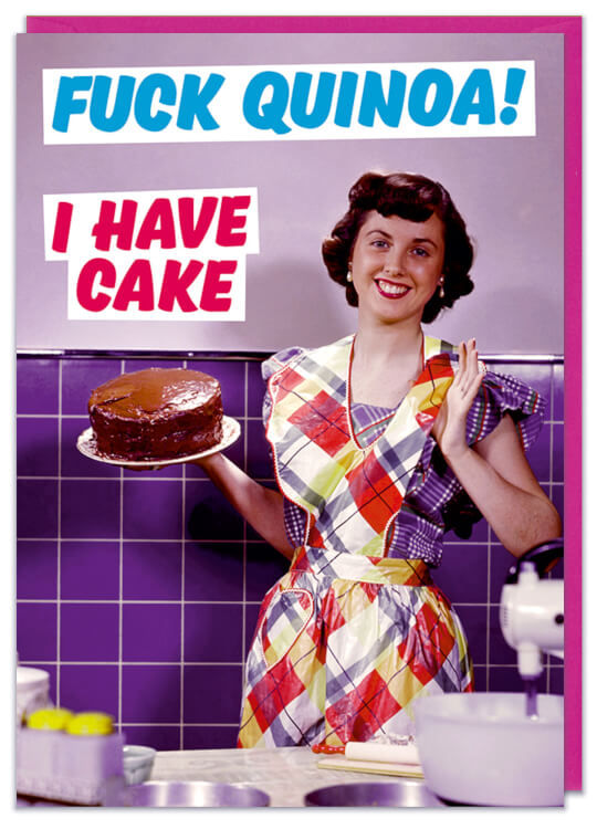 A greeting card with a with a picture of a 1950s housewife holding a chocolate cake