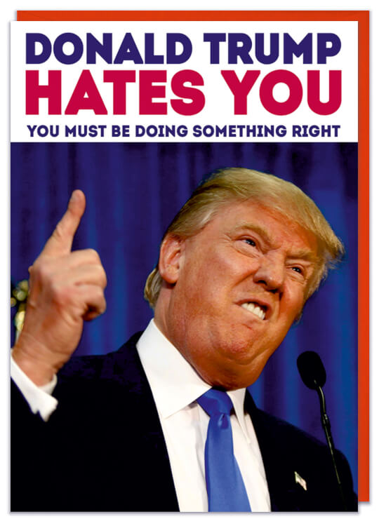 A greeting card with a picture of an angry Donald Trump