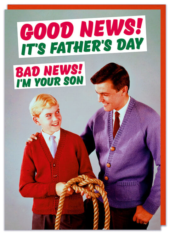 A funny Fathers Day card with a 1960s picture of a young boy and his dad