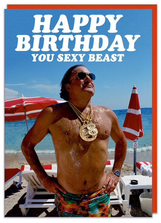 A birthday card with a picture of an overweight, suntanned man on the beach
