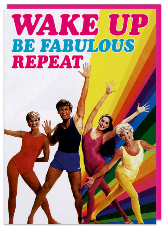 A birthday card with a photo of 1970s aerobic dancers in front of a rainbow pattern